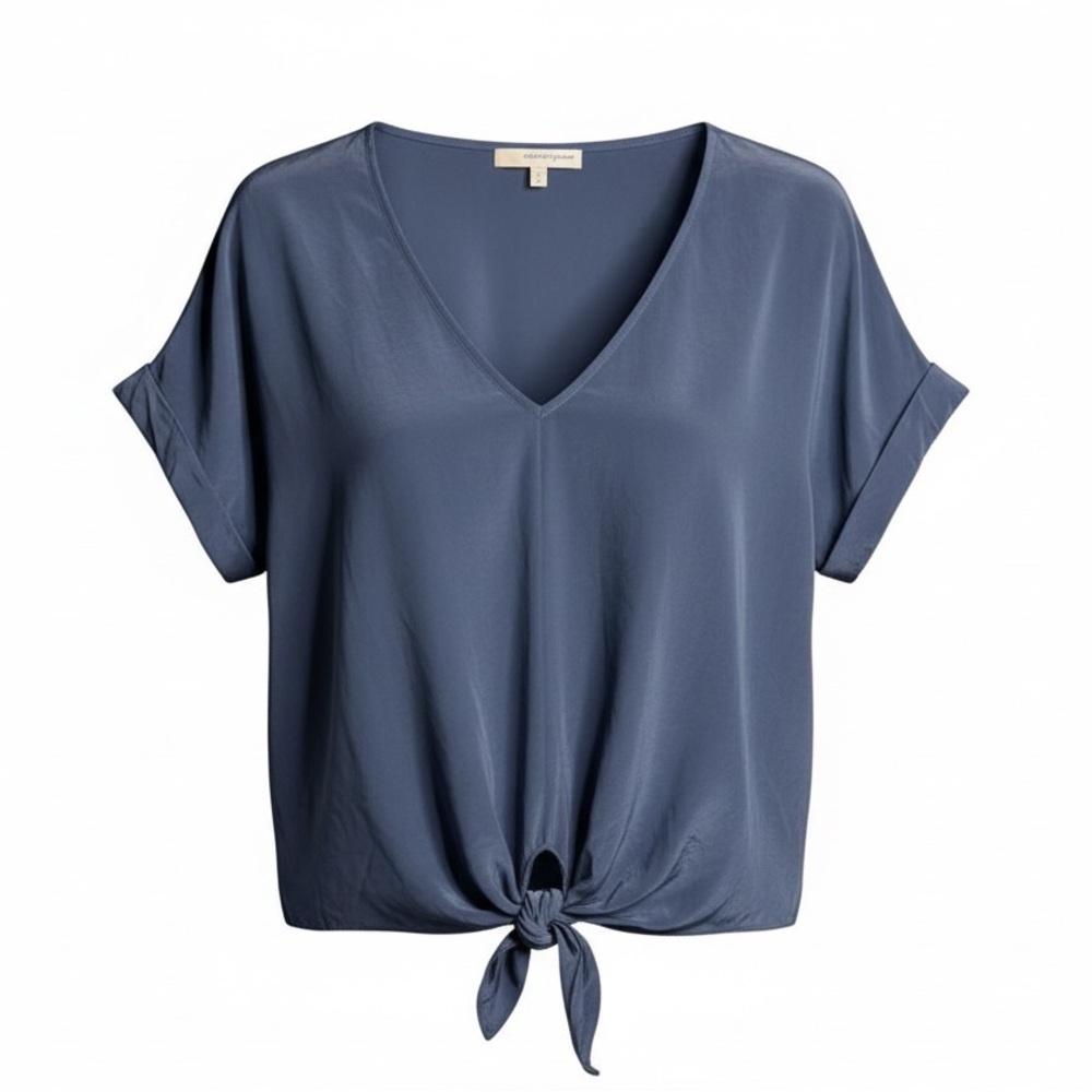Lavender Brown Women's 100% Silk Blue‎ Front Tie Blouse V Neck Short Sleeve - L
